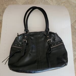 Vintage Handbag Black Leather Satchel Double Handle Zip Top Silver Zip Stud Trim